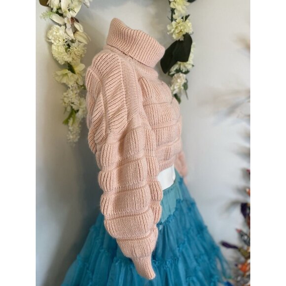 Bubble Gum Pink Turtleneck Cropped Chunky Puffy Sweater Small Medium Trendy EUC - Picture 9 of 16